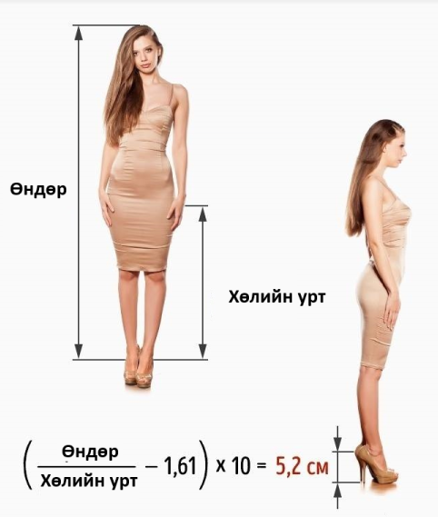 1.	Таныг гоолиг, өндөр харагдуулах төгс өсгийн өндөр. Биеийн өндөрийн хэмжээг, хөлний улнаас ташаа хүртэлх нийт уртын хэмжээнд хувааж, гарсан тооноос 1.61-ийг хасч, түүнийгээ 10-т үржүүлж гаргана.