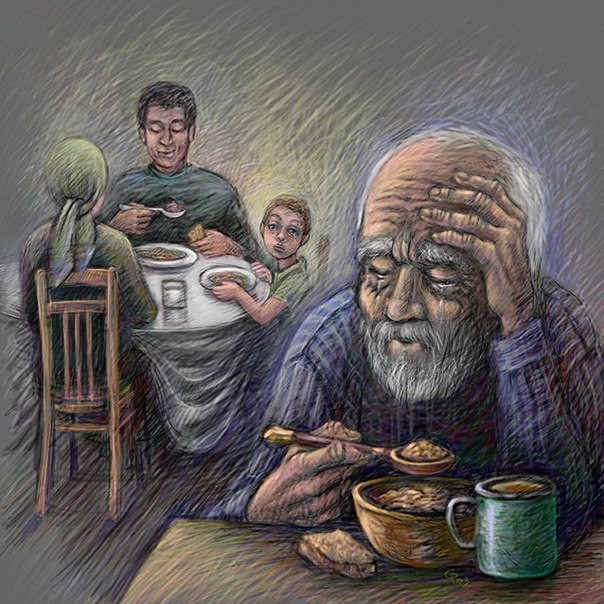 Нэгэн хүн,  нас нь өндөр болж, хүү бэр хоёрындоо хамт амьдрахаар нүүн иржээ. Түүний хараа насны эрхээр муудаж, гар хөл нь салганан, муу явдаг болсон байв. Тэд хамт хооллохоор суух үед, хөөрхий өвгөний гар нь салганан хоол ундаа асгаж цутган, хараа муугаас болох болохгүй зүйлийг хооронд нь холих зэрэг үйлдлүүд байнга гаргана. Энийг нь харсан хүү, бэр хоёр нь мөн, байнга уурлаж бухимдана. Ингээд нэг өдөр, хүү нь, эхнэртээ, -Я
мар нэг зүйл хийе, хоол ундаа асгаж цутгаж завааруулах юм, ямар ч муухай дуу чимээтэй иддэг юм гэж хоорондоо ярилцаад, өвгөнийг өрөөний мухарт буруу харж суусан байрлалтай байхаар, жижиг ширээ тавьж тусад нь хооллуулах болов. Тэр, ганцаар буруу харж суун, уйтгар гуниг дүүрэн, заримдаа ч нүдэндээ нулимстай, асгаж цутган хоолоо иднэ. Тэр хоёр ч удаа, тавгаа хагалсан тул, түүнд модон аягаар хоол өгөх болжээ. Мөн, тусдаа хооллодог, болсноос хойш, хааяа халбага сэрээгээ унагах зэрэгт нь уцаарлаж загинасан ганц хоёр үг хэлэхээс өөр, хэн нь ч түүнтэй харьцахаа болив. Энэ бүхэн, хүүгийнх нь өмнө болж өнгөрсөн бөгөөд, хүү нь харахаас өөр юм хэлэхгүй бяцхан, 4 настай. Нэг орой, хүү нь өрөөндөө, баахан модны зоргодсон дунд сууж байхыг харсан эцэг нь, -Чи юу хийж байгаа юм бэ? гэж гайхан асуув. Хүү нь, тэгтэл, -Би, ээж, та хоёрт том болохоороо хоолыг чинь өгөх модон аяга хийж байна, гэж хэлээд хийж буйгаа үргэлжлүүлэх аж. Үүнийг сонссон, эхнэр нөхөр хоёр, нулимс цийлэгнэсэн нүдээр бие биенээ харан, хэсэг хугацаанд, хэн хэндээ хэлэх  ч үггүй, зогсоцгоов. Гэхдээ тэр хоёр юу хийх хэрэгтэйгээ хоёулаа мэдэж байлаа. Хооллох цаг болж, хүү нь аавыгаа энхрийгээр түшин хоолны ширээндээ суулган, үлдсэн хугацаанд нь, тэд үргэлж хамт хооллон өнгөрүүлсэн гэдэг. Яагаад ч юм тэр хоёрын хувьд, аавынх нь хоолоо асгаж цутгах, бүтээлэг завааруулах нь, бухимдал, уцаарыг нь төрүүлэхээ больсон аж. 
